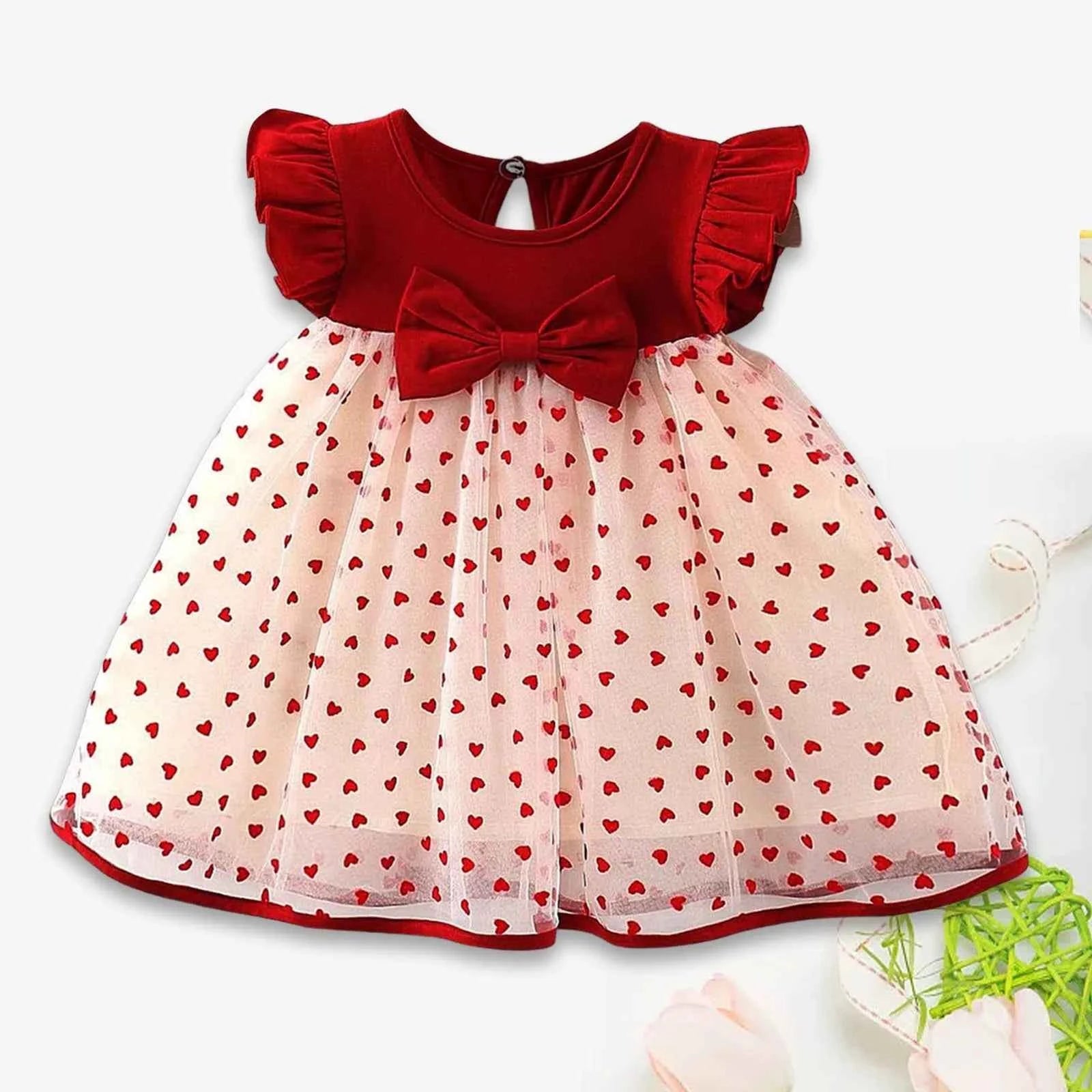 Toddler & Infant Girls Floral Princess Dress – Fly Sleeve Ruffled Bowknot Ribbed Dress