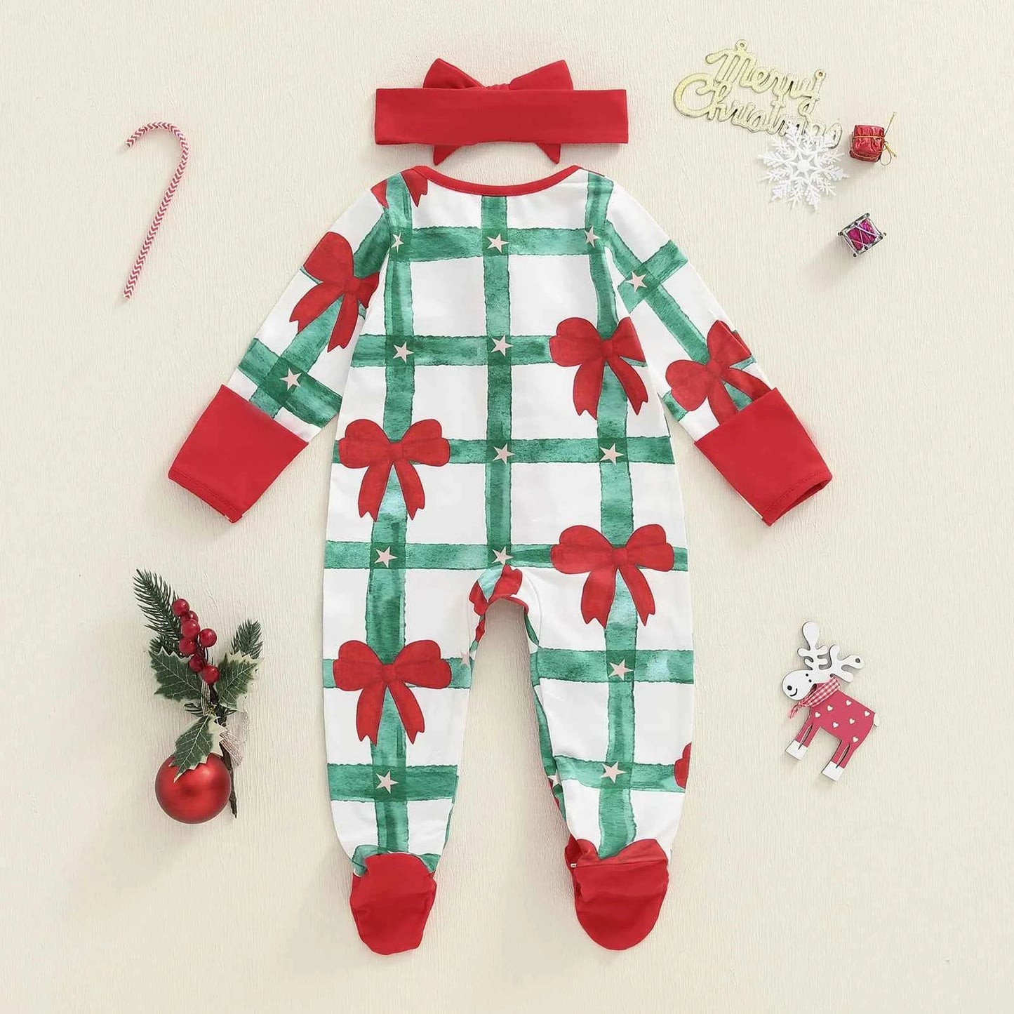 Newborn Baby Girl Christmas Romper – Bow Print Long Sleeve Zip-Up Footed Jumpsuit with Headband