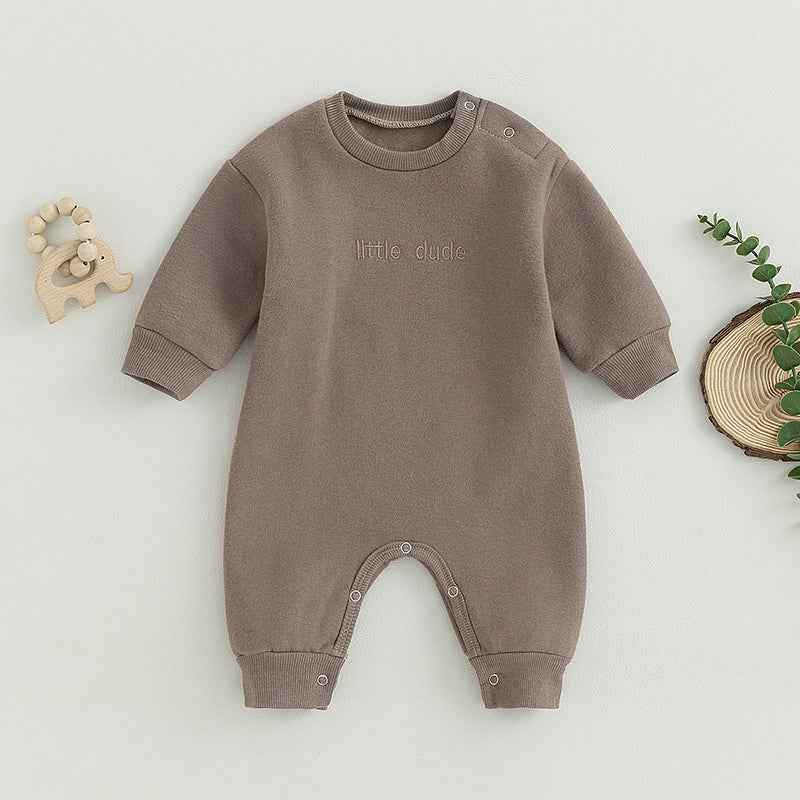 Baby Letter Embroidered "Little Dude" Jumpsuit – Long Sleeve Footless Romper (0–18M)