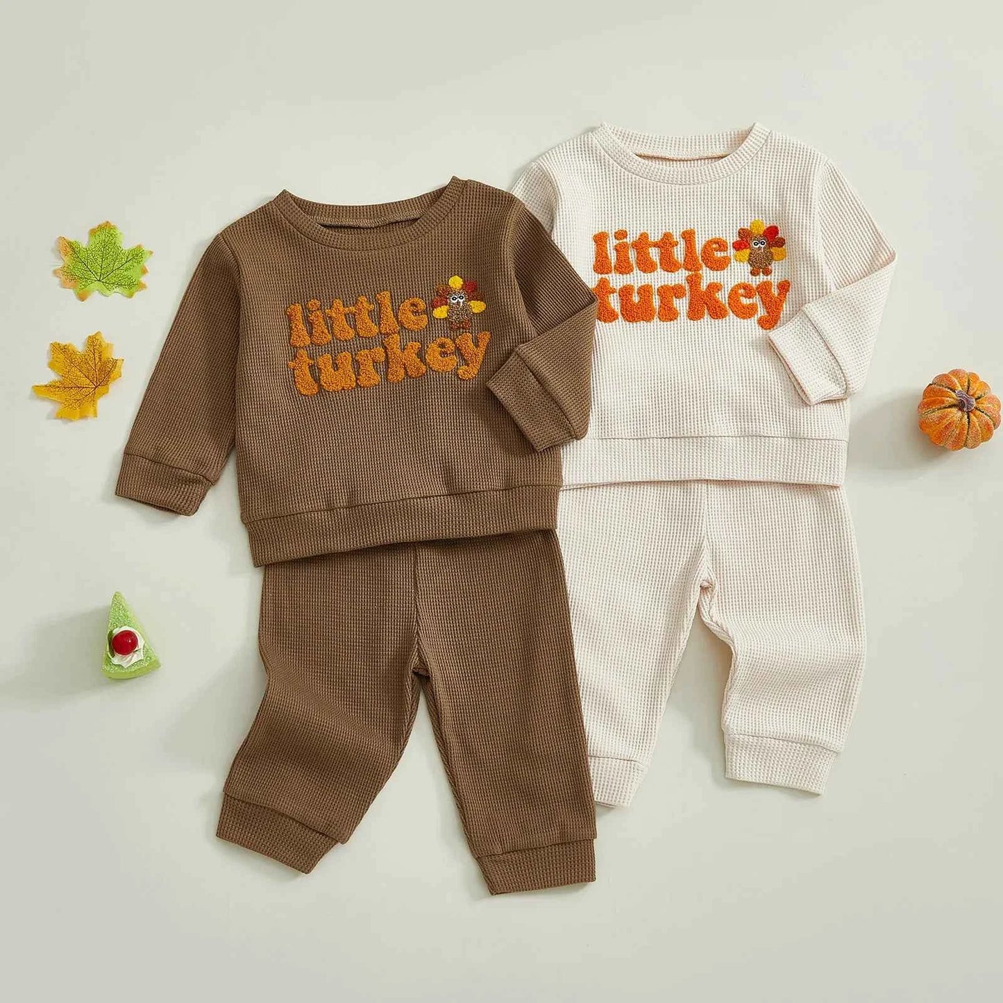 Thanksgiving Outfit – Turkey Letter Embroidery Pullover & Elastic Waist Waffle Pants  (2Pcs Set )