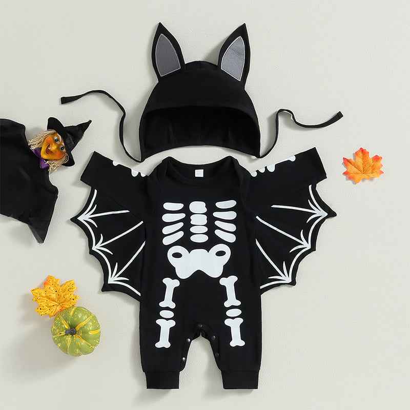 Baby Halloween Romper Outfit – Long Sleeve Pumpkin Print Jumpsuit with Hat