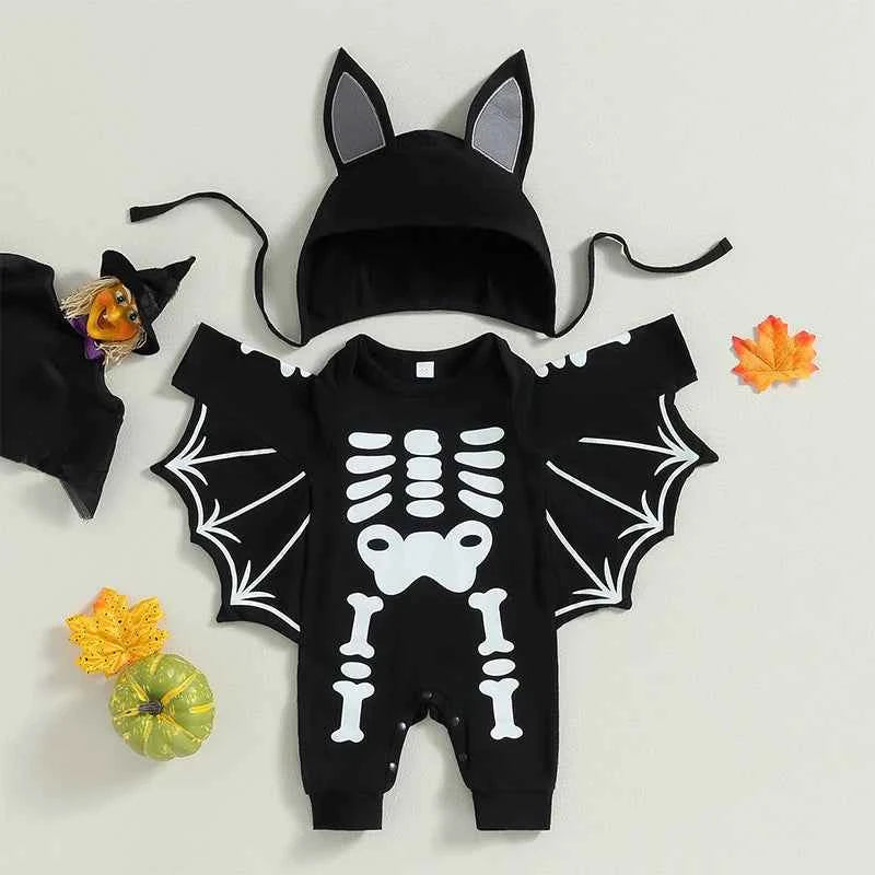Baby Halloween Romper Outfit – Long Sleeve Pumpkin Print Jumpsuit with Hat