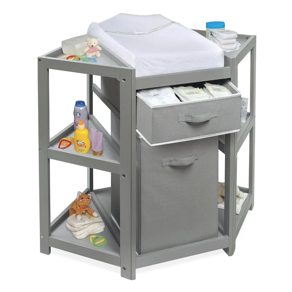 Corner Baby Changing Table – Space-Saving Nursery Diaper Station with Storage Bin, Changing Pad & Safety Belt