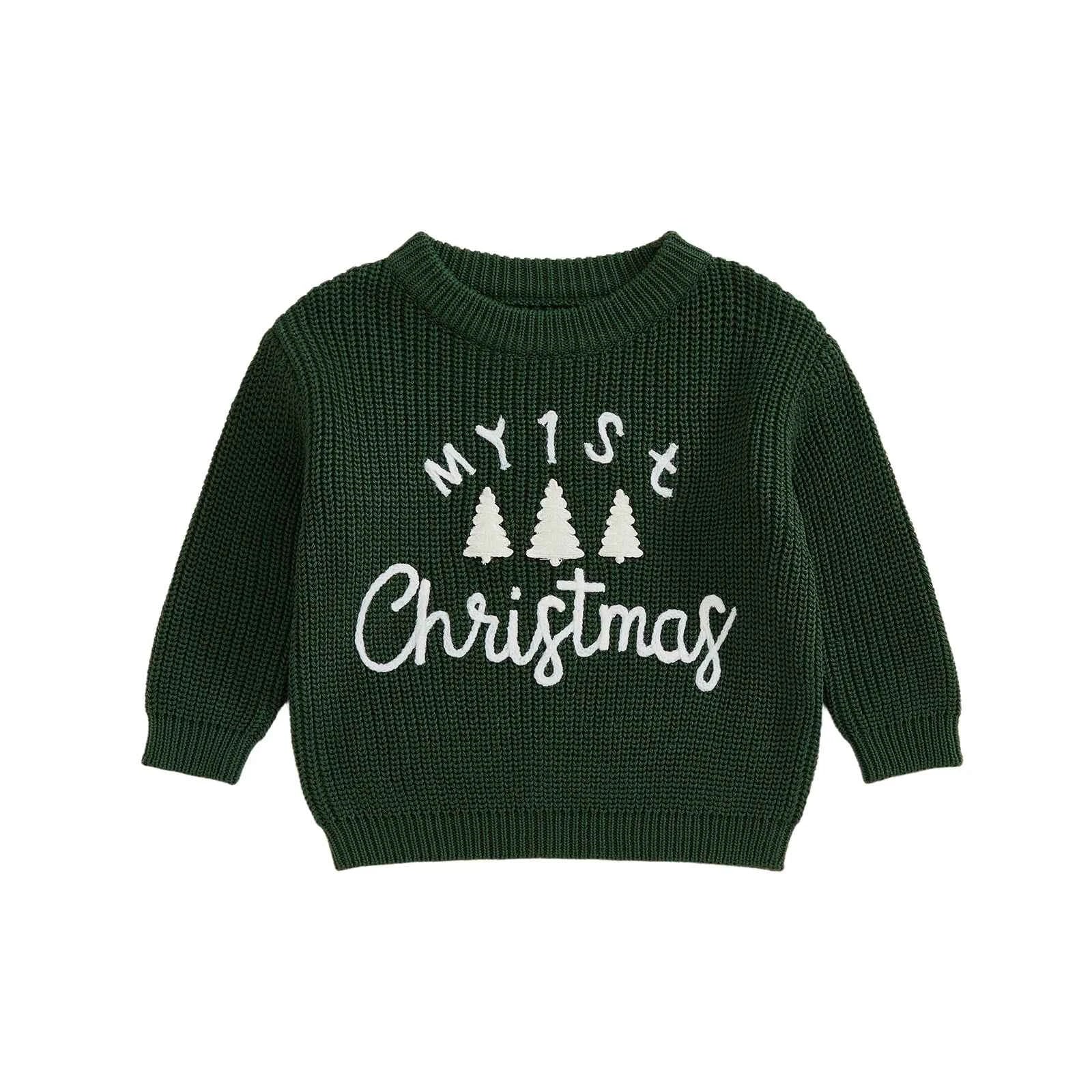 Toddler Baby Christmas Sweater – Long Sleeve Round Neck Letter & Tree Embroidered Top