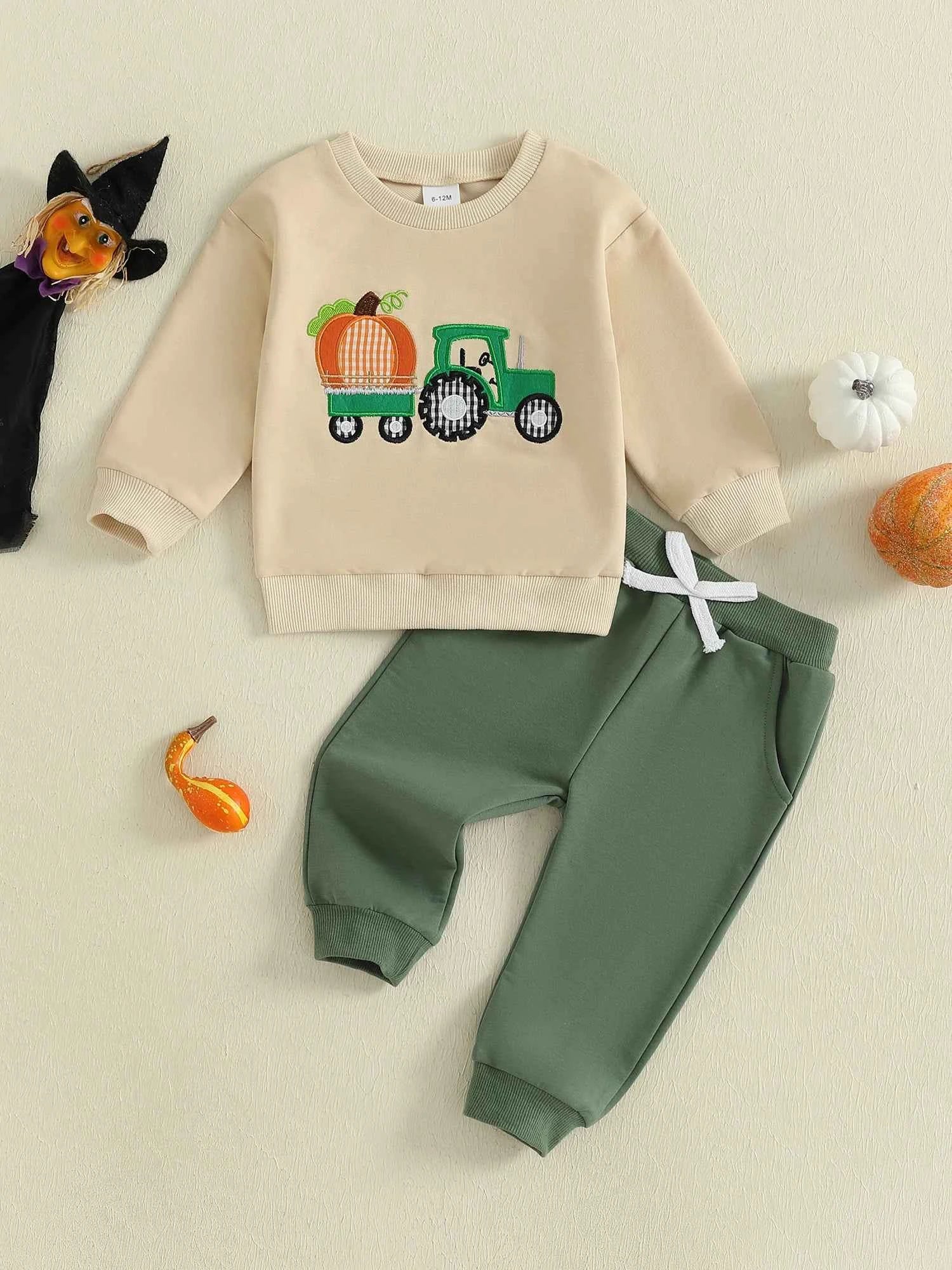Pumpkin Turkey Tractor Embroidery Sweatshirt & Elastic Waist Pants Set