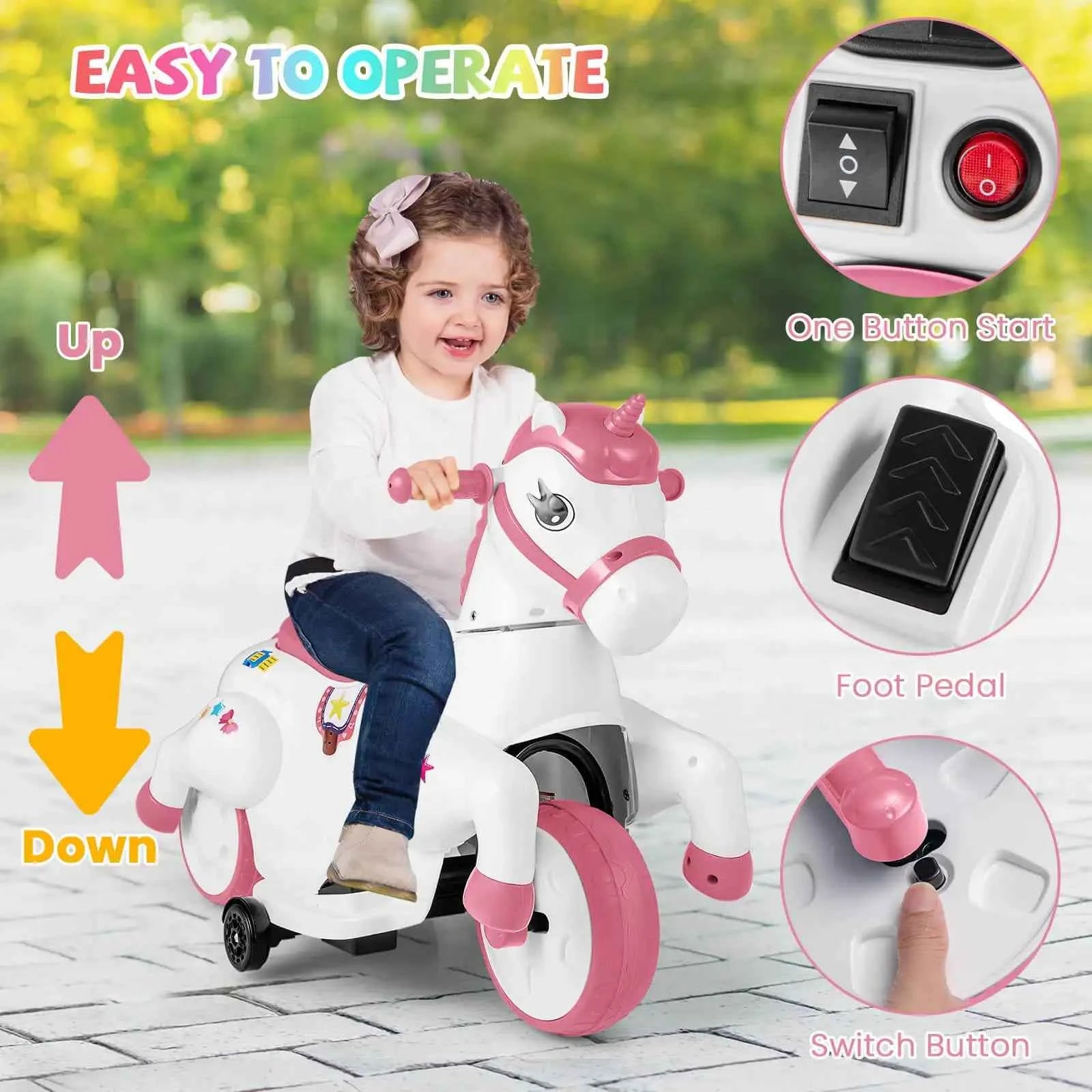 12V Kids Ride-On Unicorn Toy with Training Wheels, Music, and One-Button Start