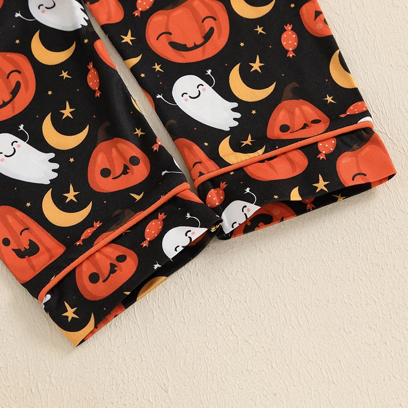 Kids Halloween Pajama Set – Pumpkin Ghost Print Button-Up Top and Pants (1–5T)
