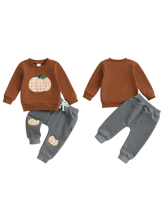 Baby Girl Fall Outfit – 2-Piece Pumpkin Print Top and Sweatpants Set – Cozy Autumn Clothes