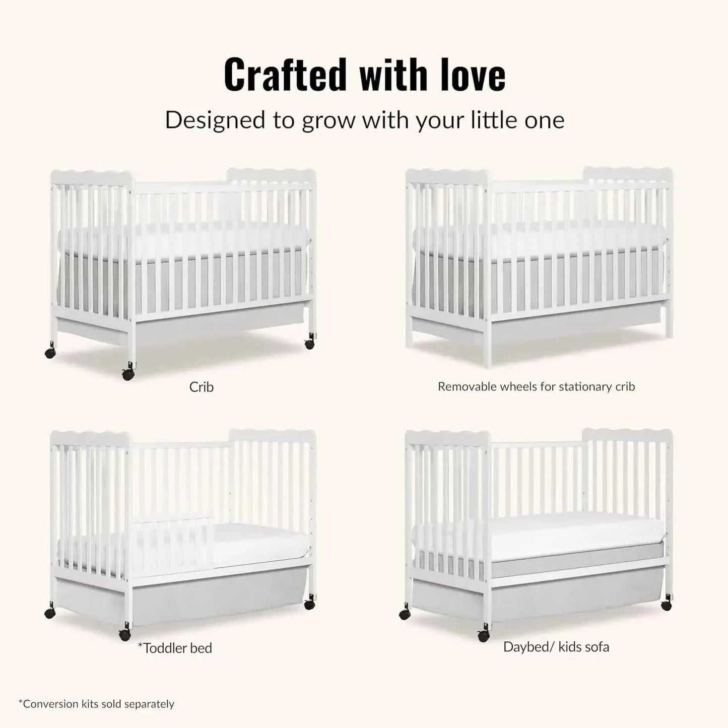 3-in-1 Convertible Baby Crib White Full-Size with 4 Adjustable Mattress Heights and Daybed Conversion