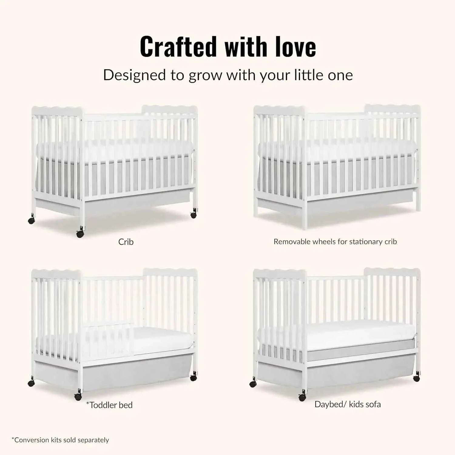 3-in-1 Convertible Baby Crib White Full-Size with 4 Adjustable Mattress Heights and Daybed Conversion