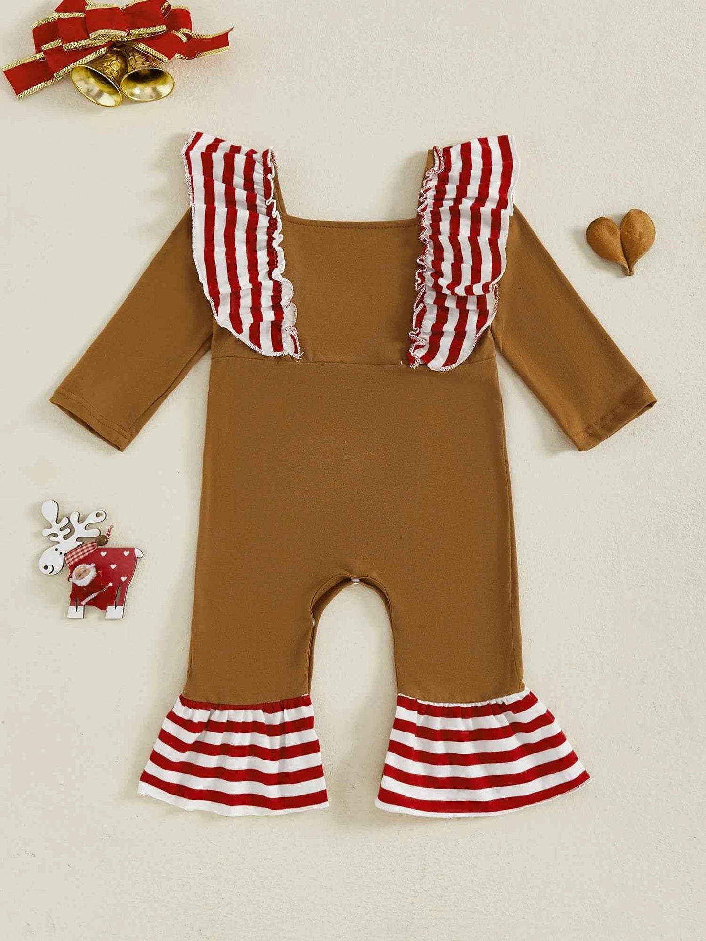 Baby Gingerbread Outfit – Striped Ruffled Long Sleeve Christmas Romper with Flared Pants for Girls