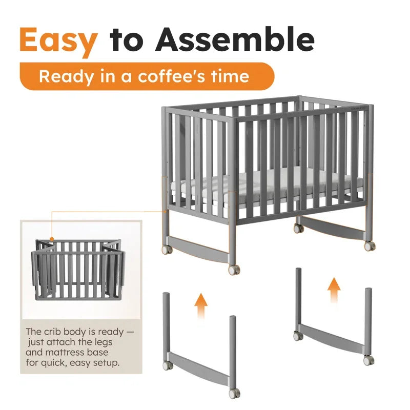 6-in-1 Convertible Mini Crib with Wheels – Foldable, Adjustable Height, Portable Baby Crib (Grey, New Zealand Pine)