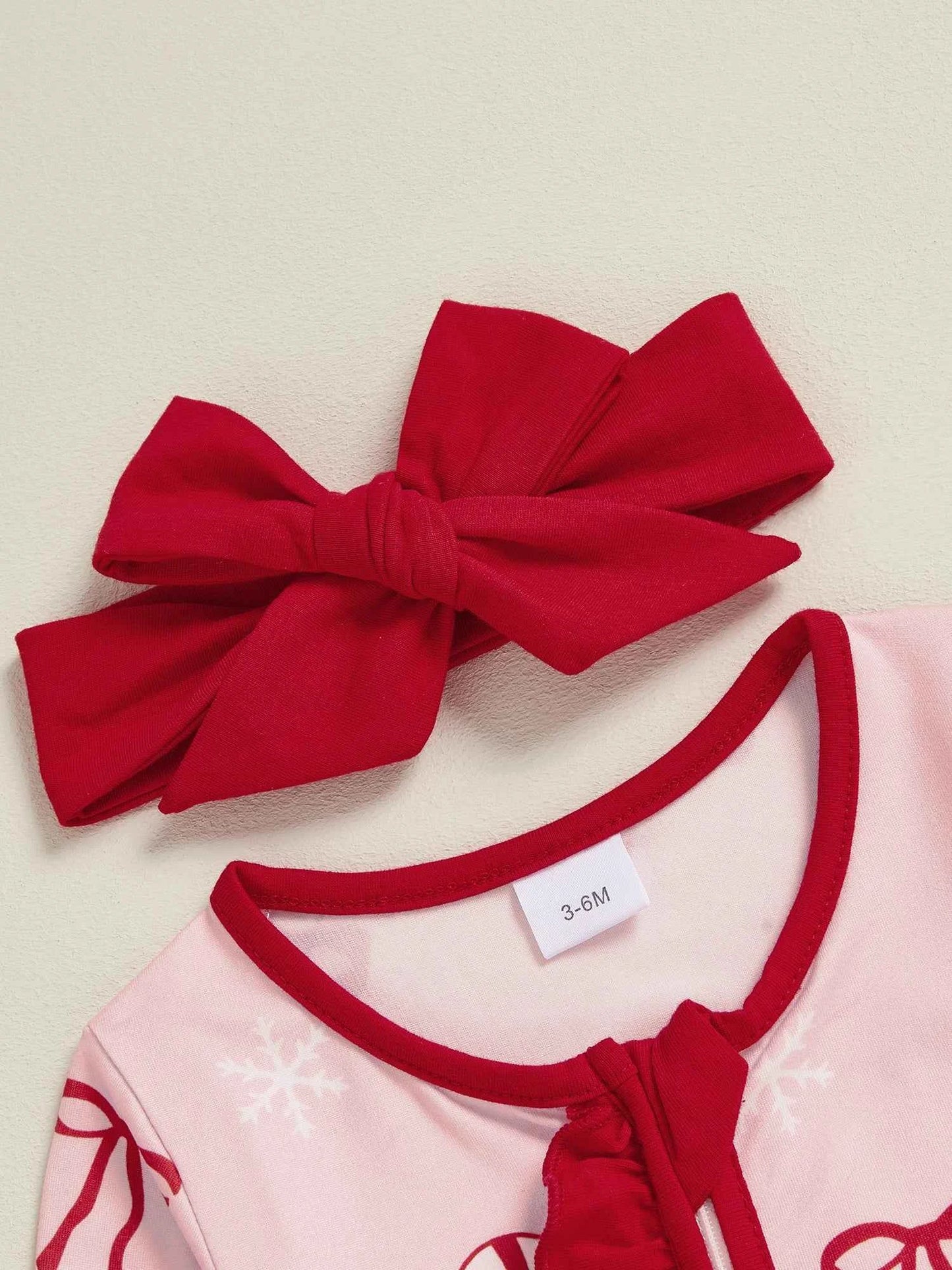 Newborn Baby Girl Christmas Romper – Bow Print Long Sleeve Zip-Up Footed Jumpsuit with Headband