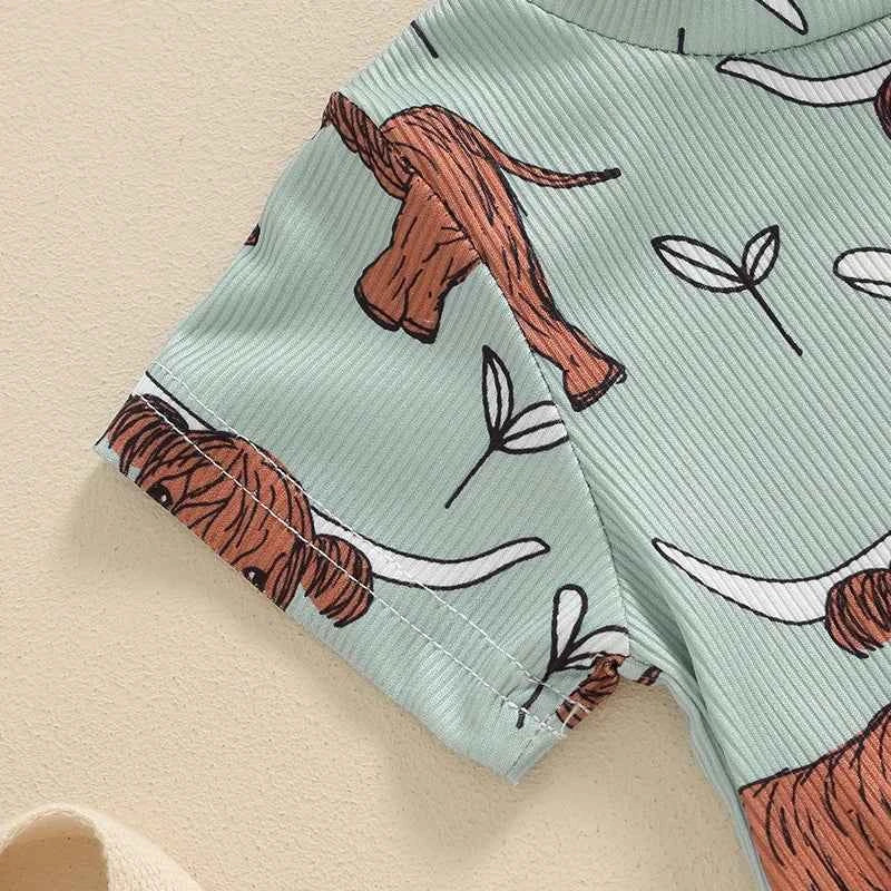 0–18M Baby Boys and Girls Western Jumpsuit, Short Sleeve Crew Neck Cow Print Summer Romper Casual Baby Outfit