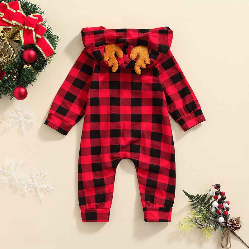 Christmas Infant Baby Romper – Plaid Hooded Loose Fit Jumpsuit for Boys & Girls