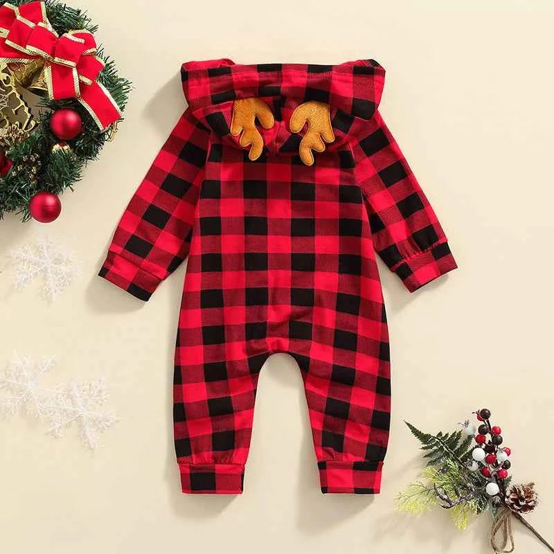 Christmas Infant Baby Romper – Plaid Hooded Loose Fit Jumpsuit for Boys & Girls