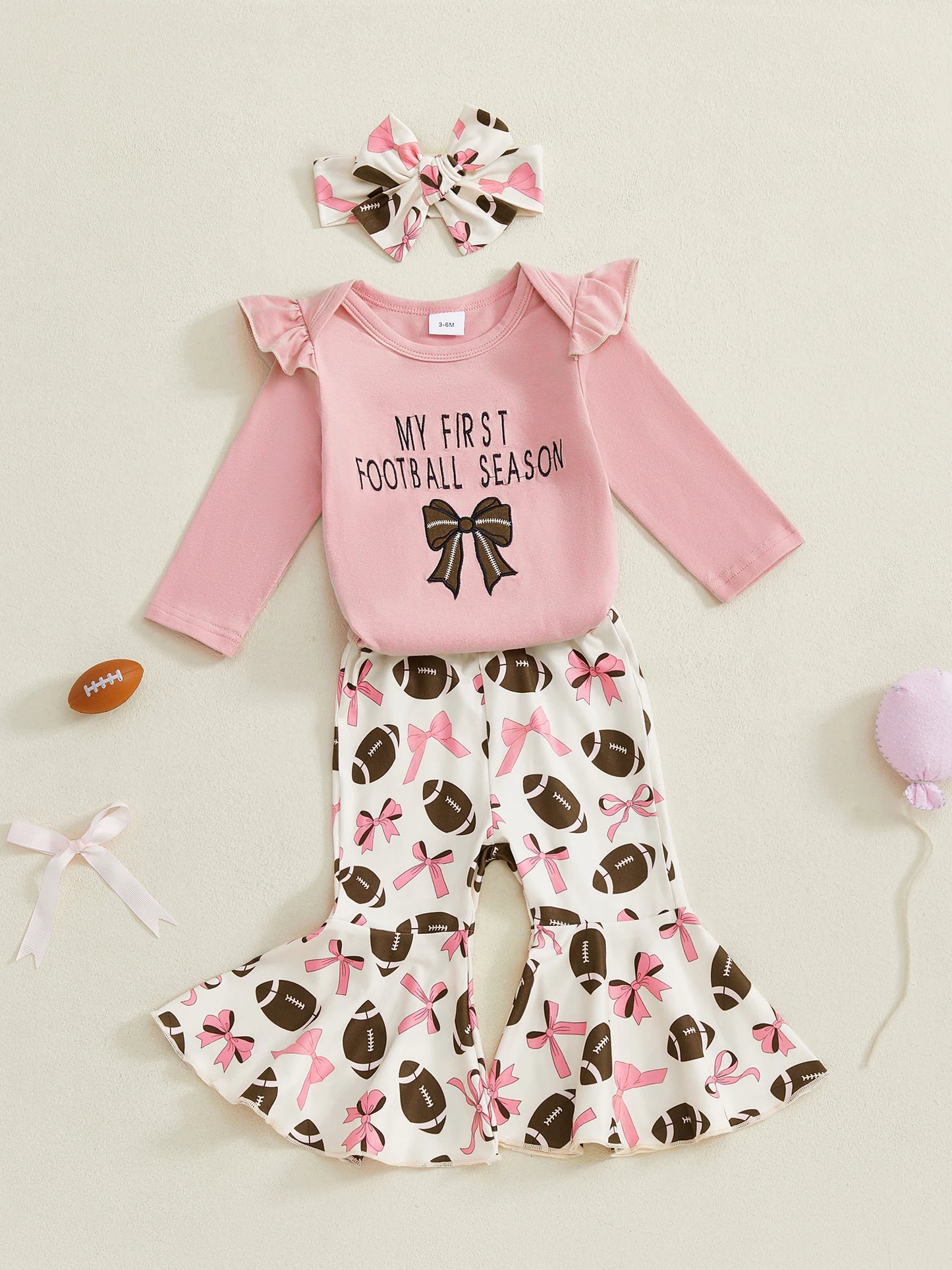 Baby Girls Fall Outfit – Football Print Long Sleeve Romper with Flared Pants and Headband 3-Piece Set