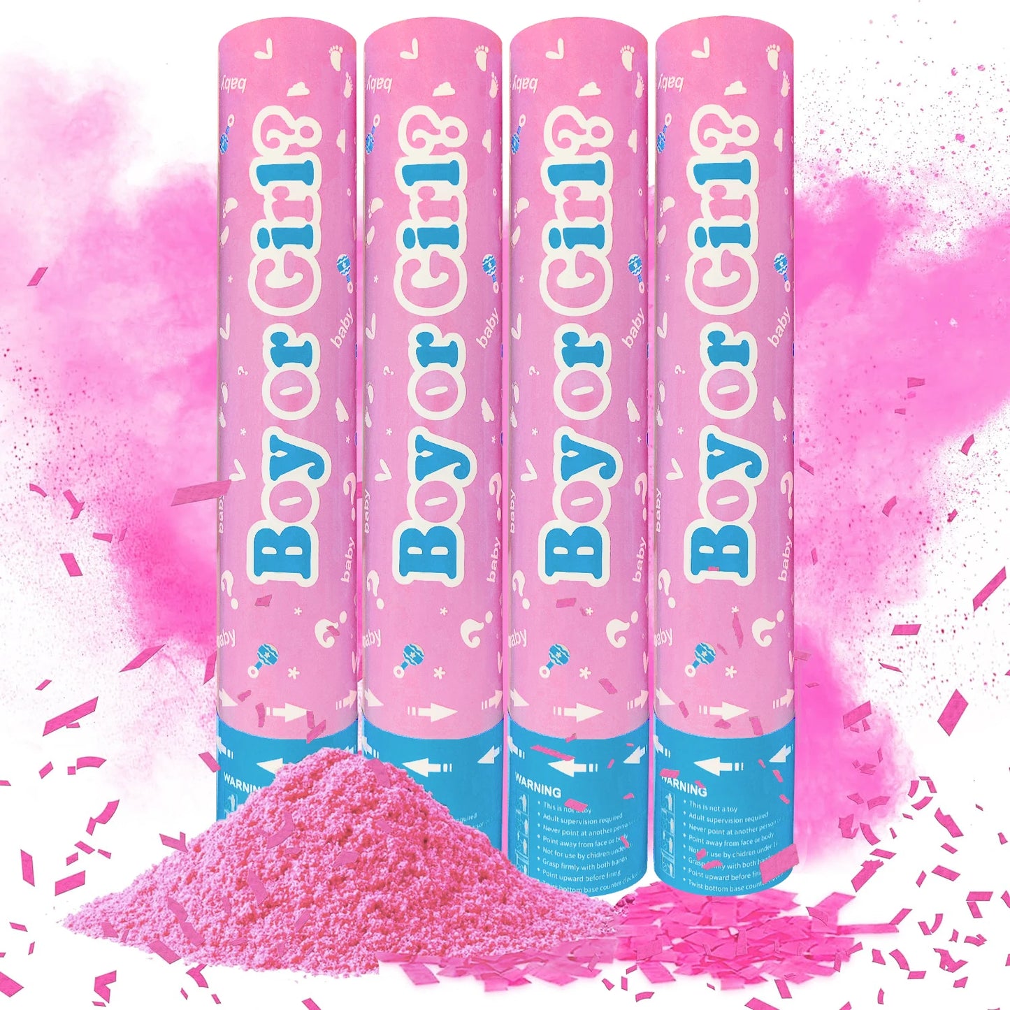 Gender Reveal Confetti & Powder Cannon Set – 4-Piece Handheld Pink or Blue Smoke Bombs Party Décor