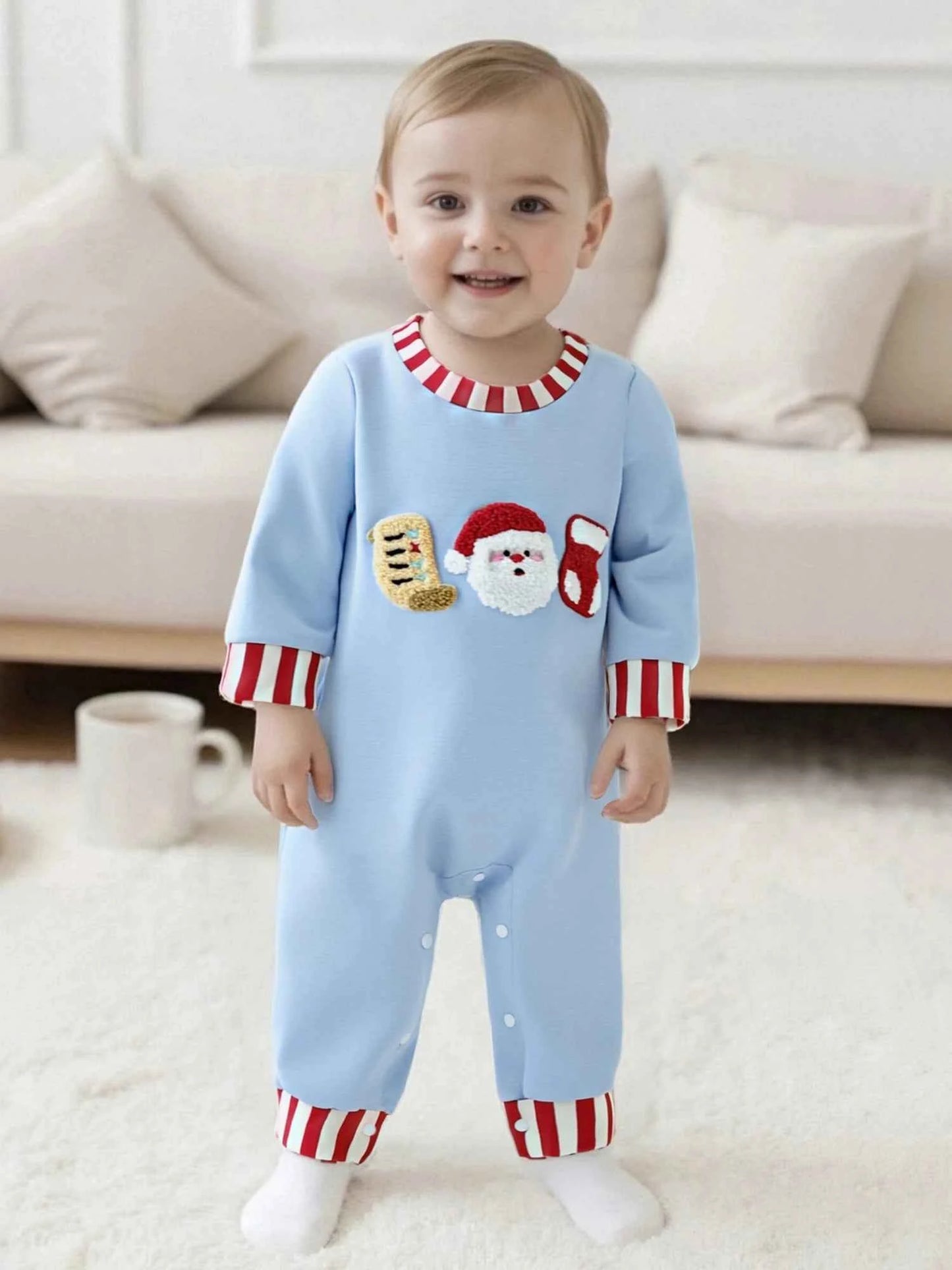 Baby Christmas Romper – Santa Embroidery Striped Long Sleeve Crew Neck Full-Length Jumpsuit