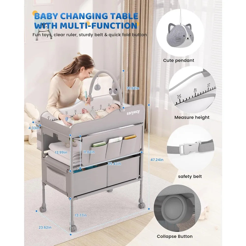 Foldable Baby Changing Table with 2 Drawers – Adjustable Height Waterproof Diaper Changing Station