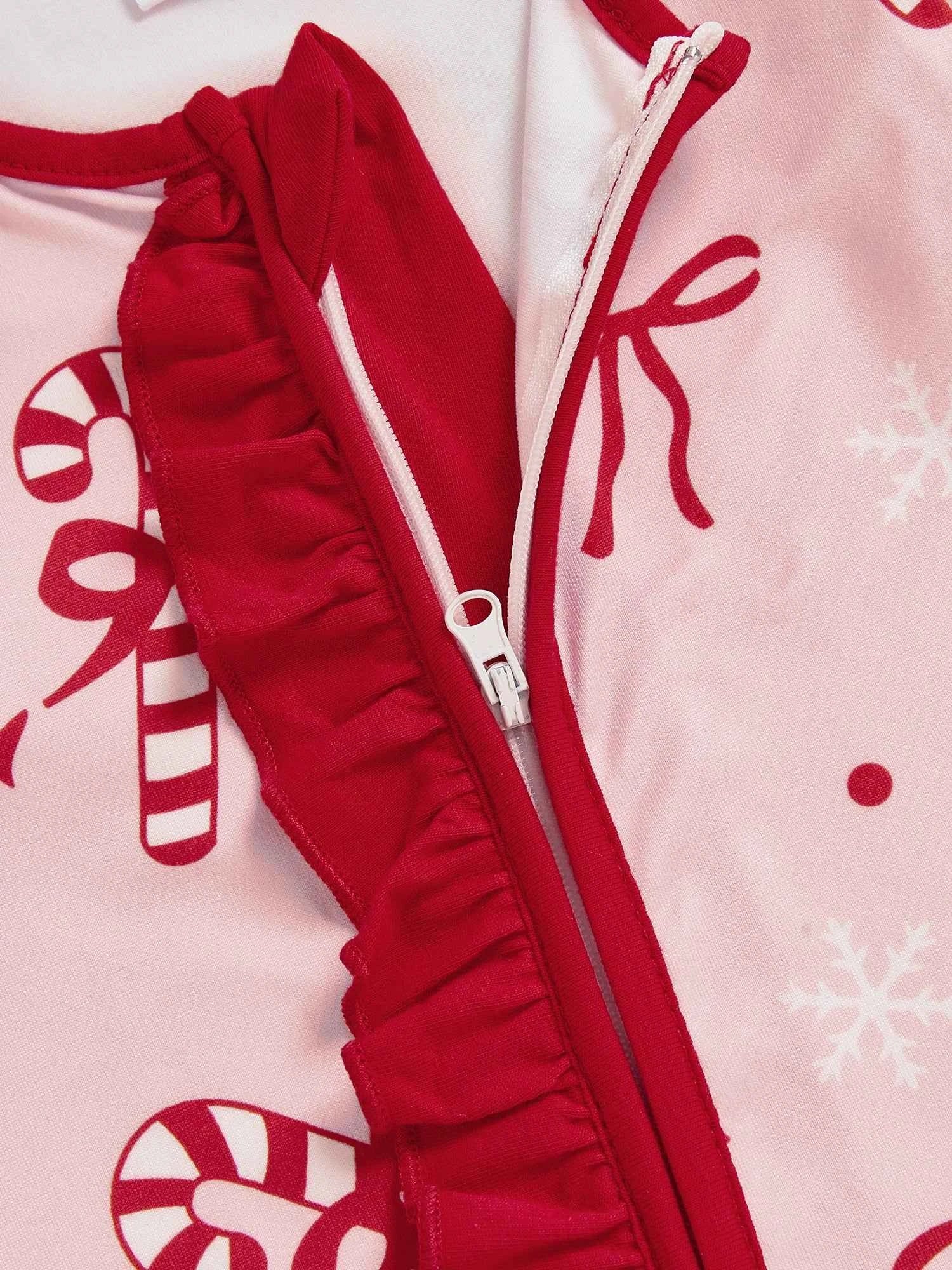 Newborn Baby Girl Christmas Romper – Bow Print Long Sleeve Zip-Up Footed Jumpsuit with Headband