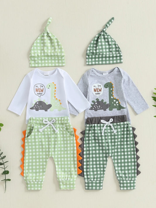 Toddler Boy Birthday Outfit – Dinosaur Print Romper and Denim Overalls 2-Piece Summer Set with Matching Hat