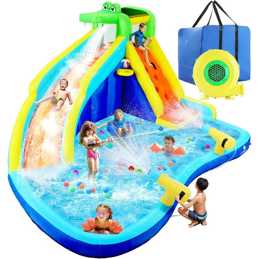 Inflatable Backyard Water Slide for Kids – Giant Water Park with Climbing Wall, Slide, Basketball Hoop & Water Cannons