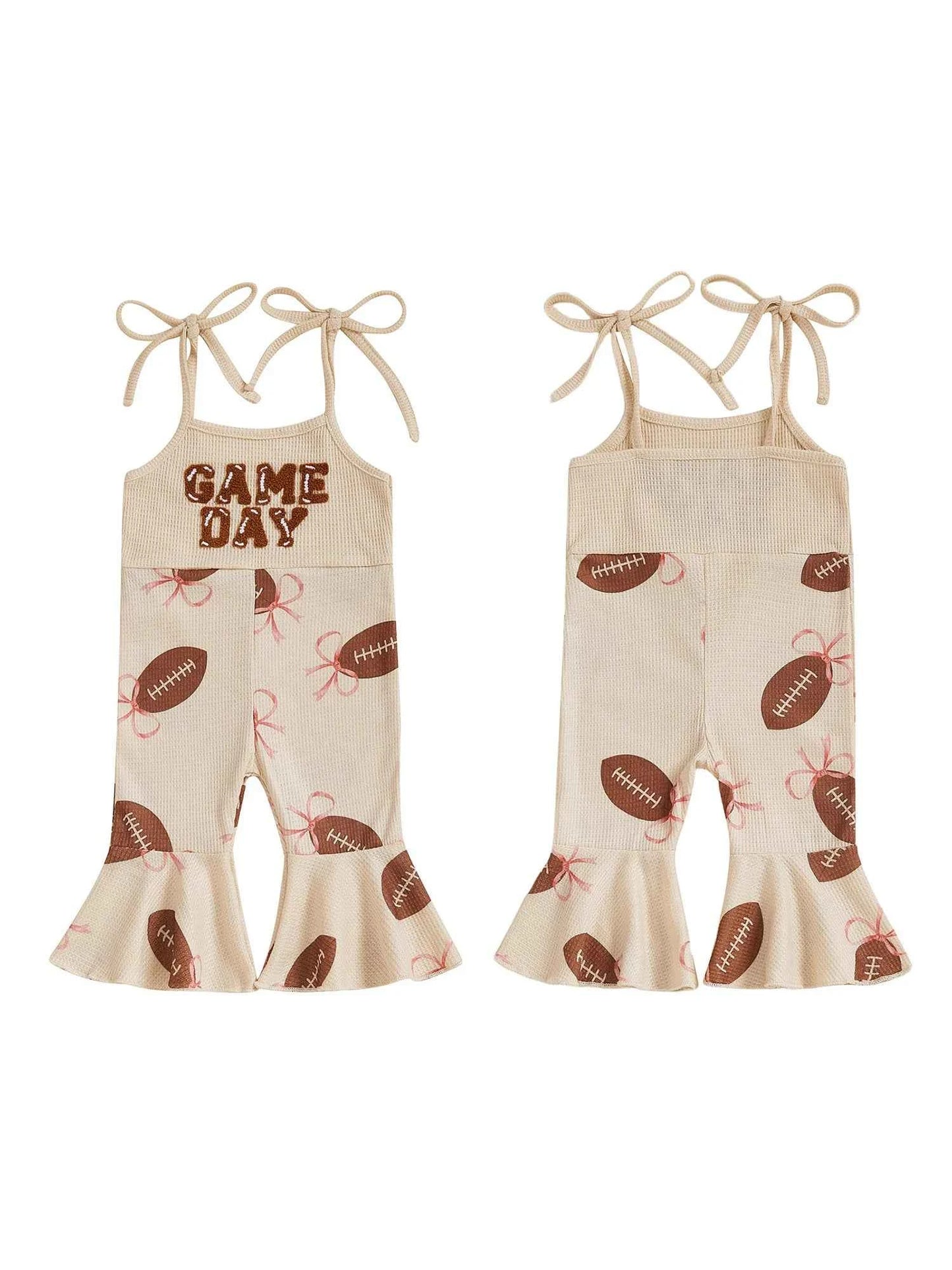 Baby Bell Bottom Jumpsuit – Sleeveless Tie-Up Strap Overalls with Letter Embroidery "Game Day" Print