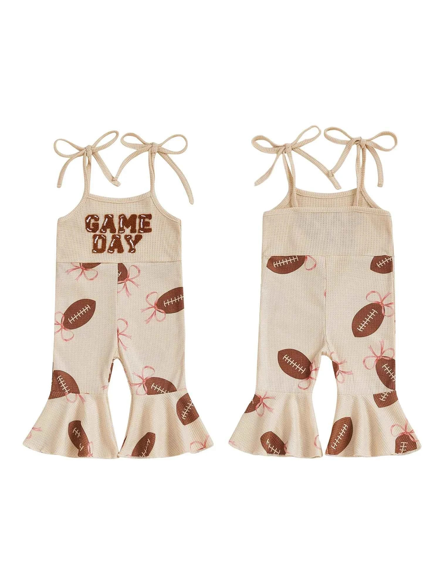 Baby Bell Bottom Jumpsuit – Sleeveless Tie-Up Strap Overalls with Letter Embroidery "Game Day" Print