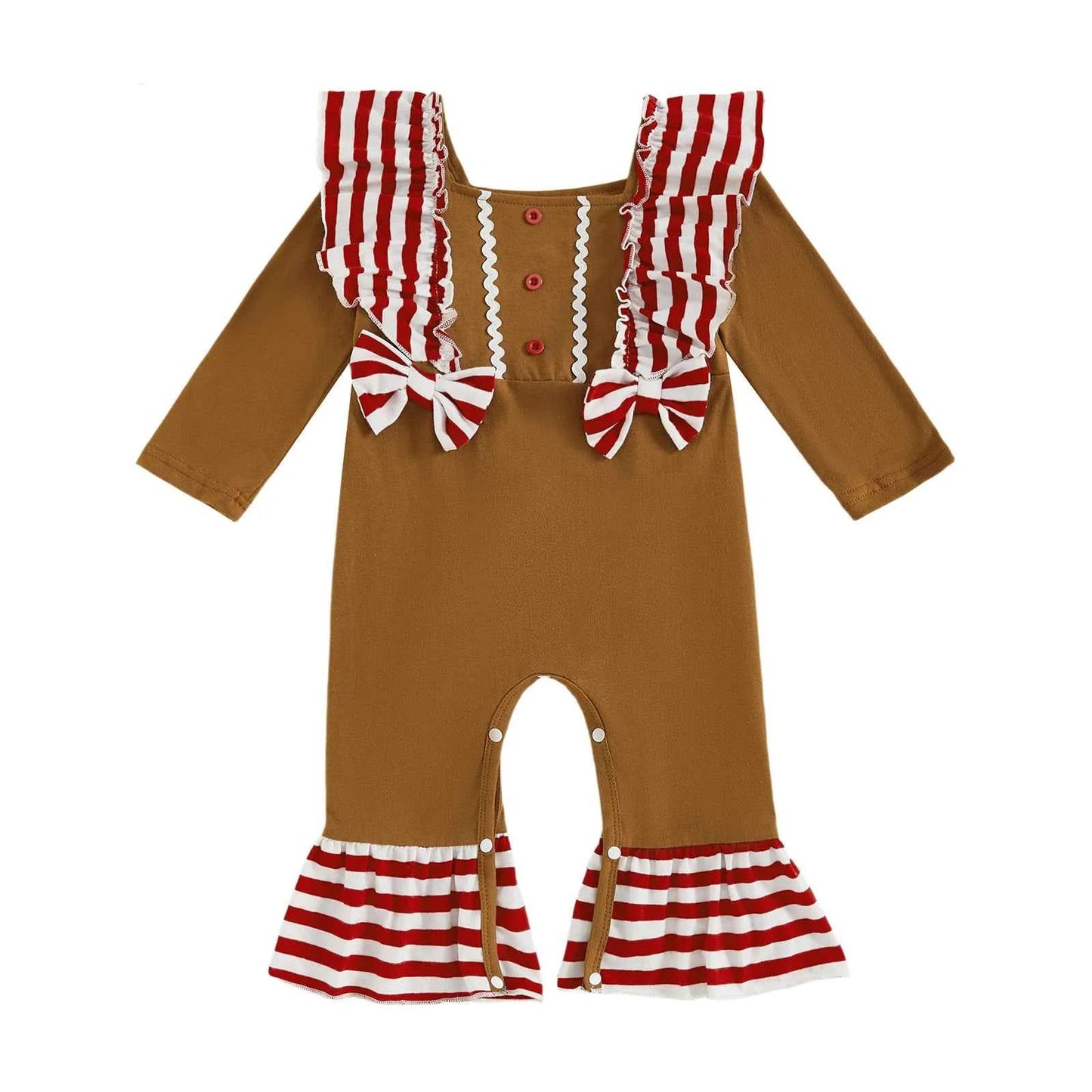 Baby Gingerbread Outfit – Striped Ruffled Long Sleeve Christmas Romper with Flared Pants for Girls