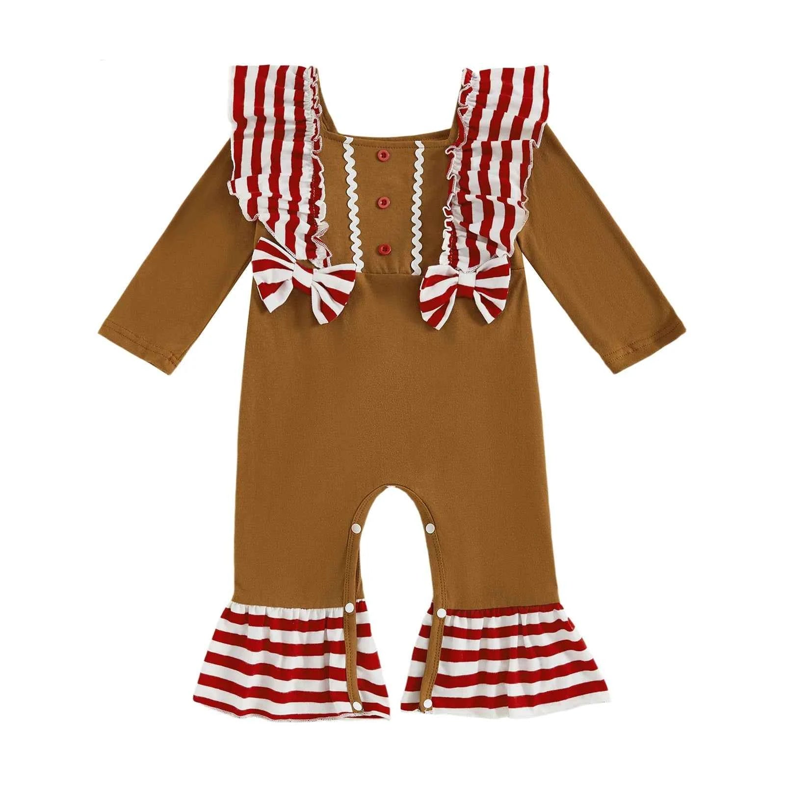 Baby Gingerbread Outfit – Striped Ruffled Long Sleeve Christmas Romper with Flared Pants for Girls