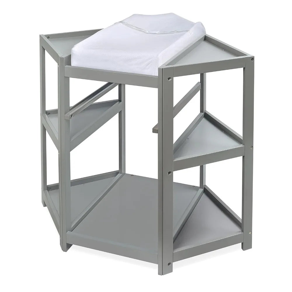 Corner Baby Changing Table – Space-Saving Nursery Diaper Station with Storage Bin, Changing Pad & Safety Belt