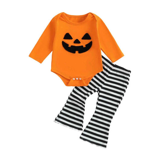 Baby Girl Halloween Outfit – Pumpkin Face Long Sleeve Romper + Striped Bell Bottom Pants 2-Piece Set