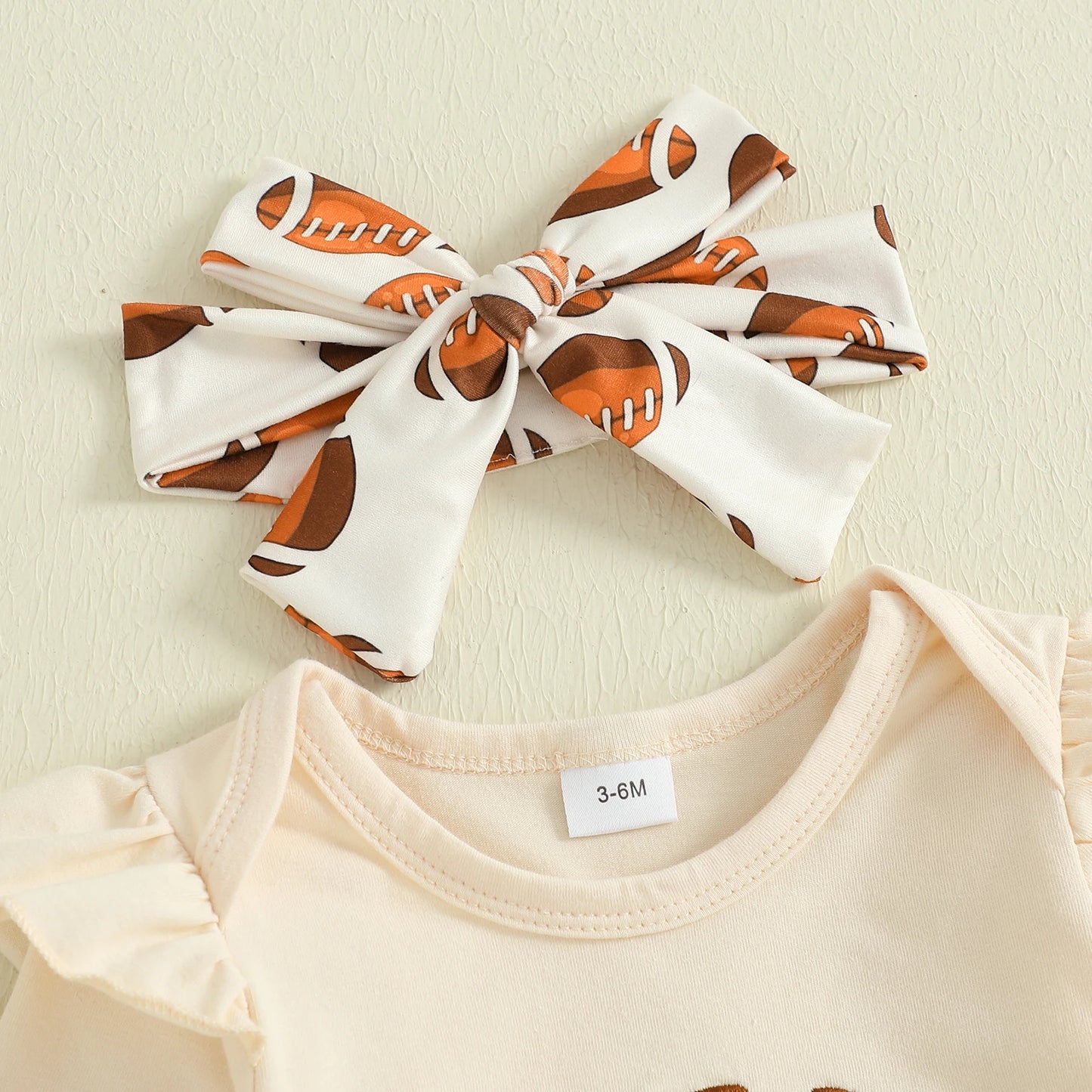 Baby Girls Fall Outfit – Football Print Long Sleeve Romper with Flared Pants and Headband 3-Piece Set