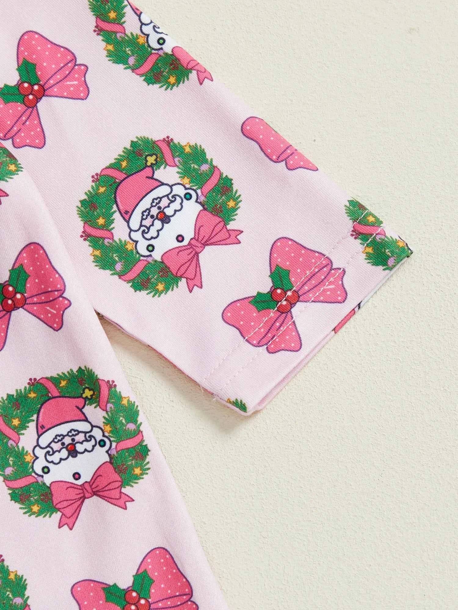 Christmas Outfit – Santa Claus Bow Print Long Sleeve Footed Romper with Matching Headband Set