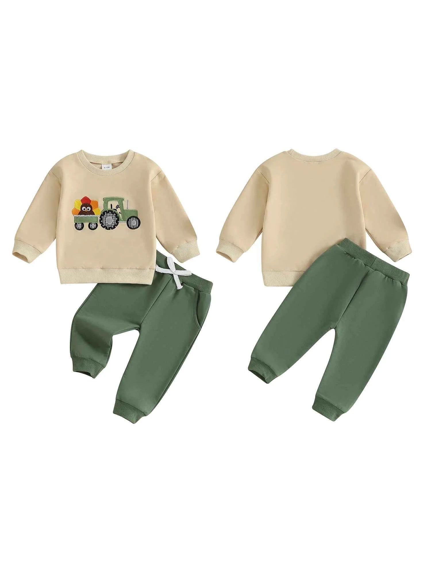 Pumpkin Turkey Tractor Embroidery Sweatshirt & Elastic Waist Pants Set