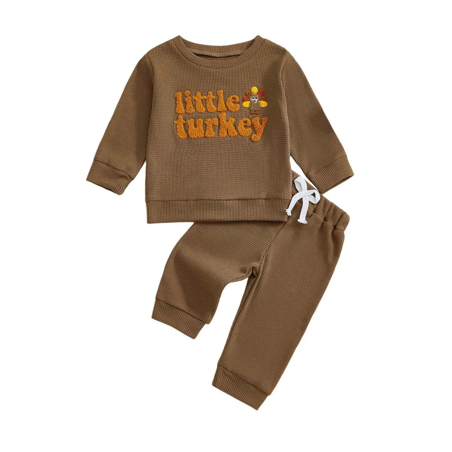 Thanksgiving Outfit – Turkey Letter Embroidery Pullover & Elastic Waist Waffle Pants  (2Pcs Set )