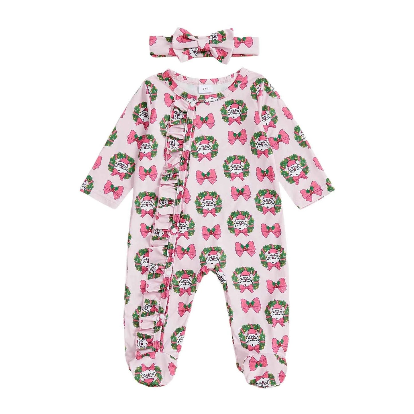 Christmas Outfit – Santa Claus Bow Print Long Sleeve Footed Romper with Matching Headband Set