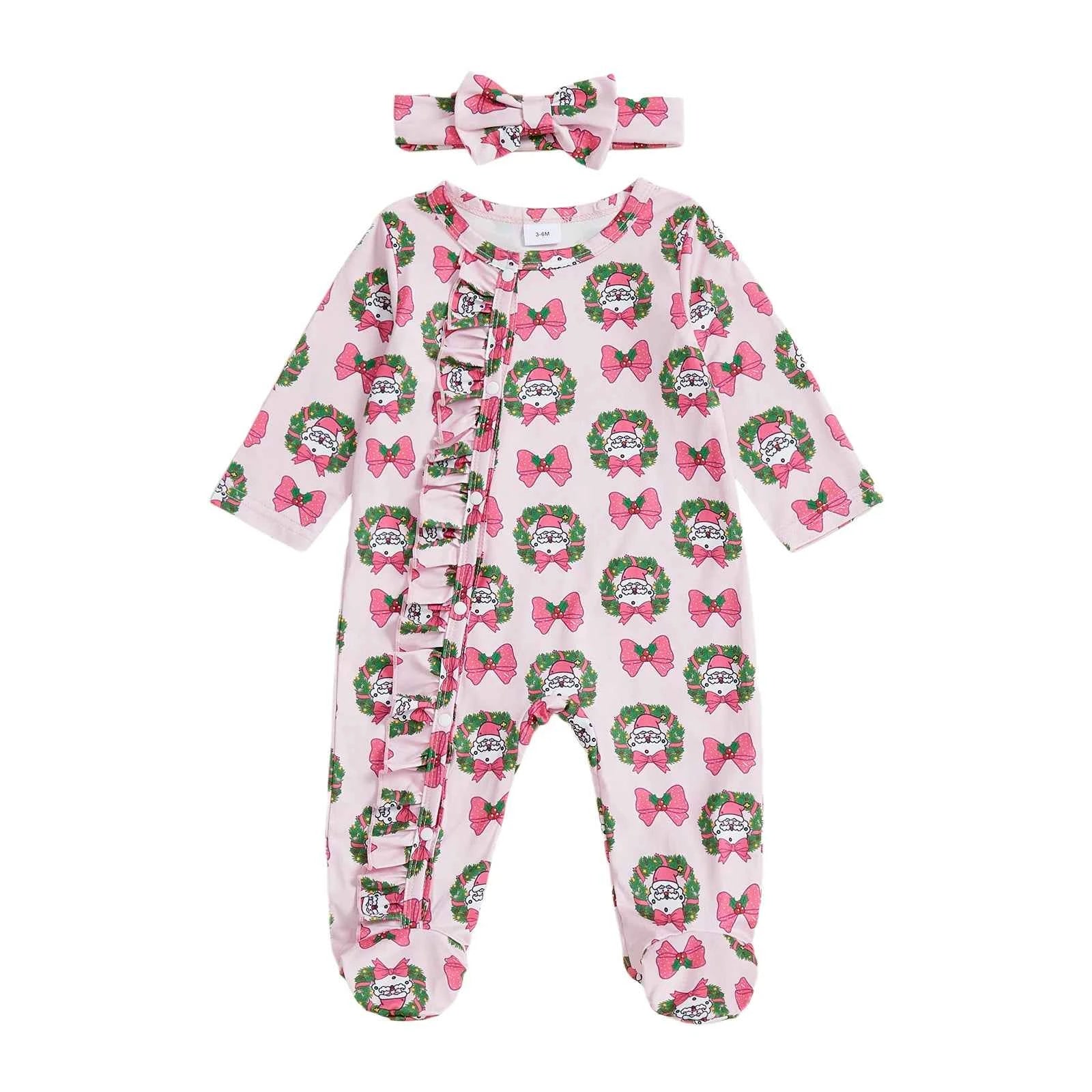 Christmas Outfit – Santa Claus Bow Print Long Sleeve Footed Romper with Matching Headband Set