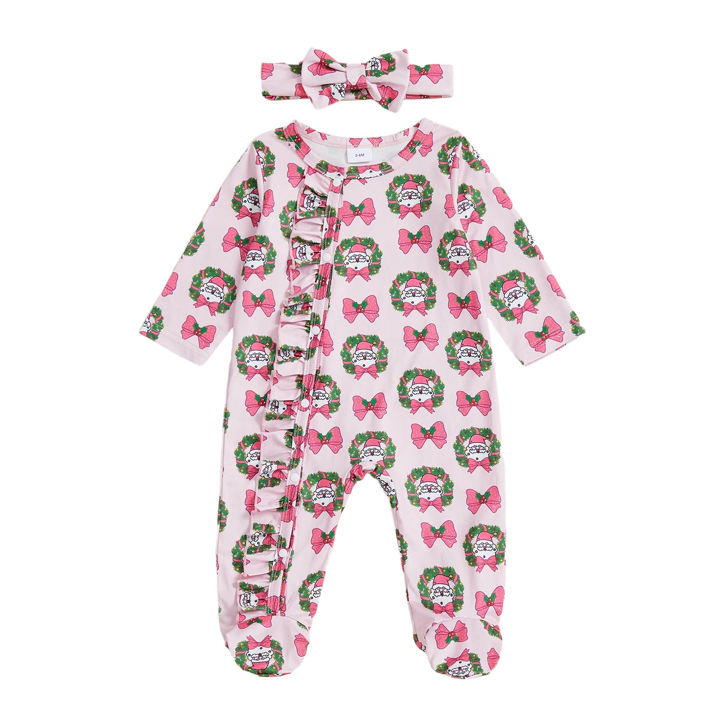 Christmas Outfit – Santa Claus Bow Print Long Sleeve Footed Romper with Matching Headband Set