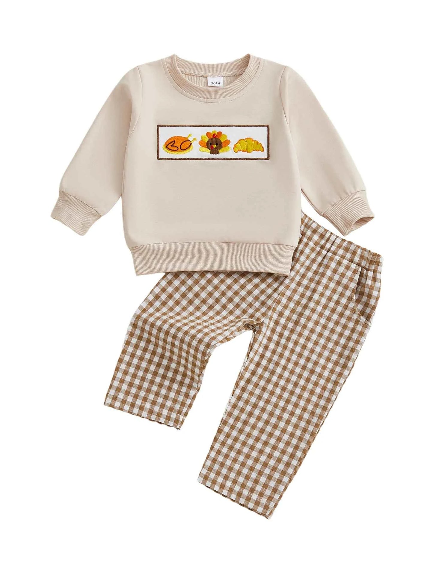 Thanksgiving Outfit – Pumpkin Turkey Sweatshirt & Plaid Elastic Waist Pants Set