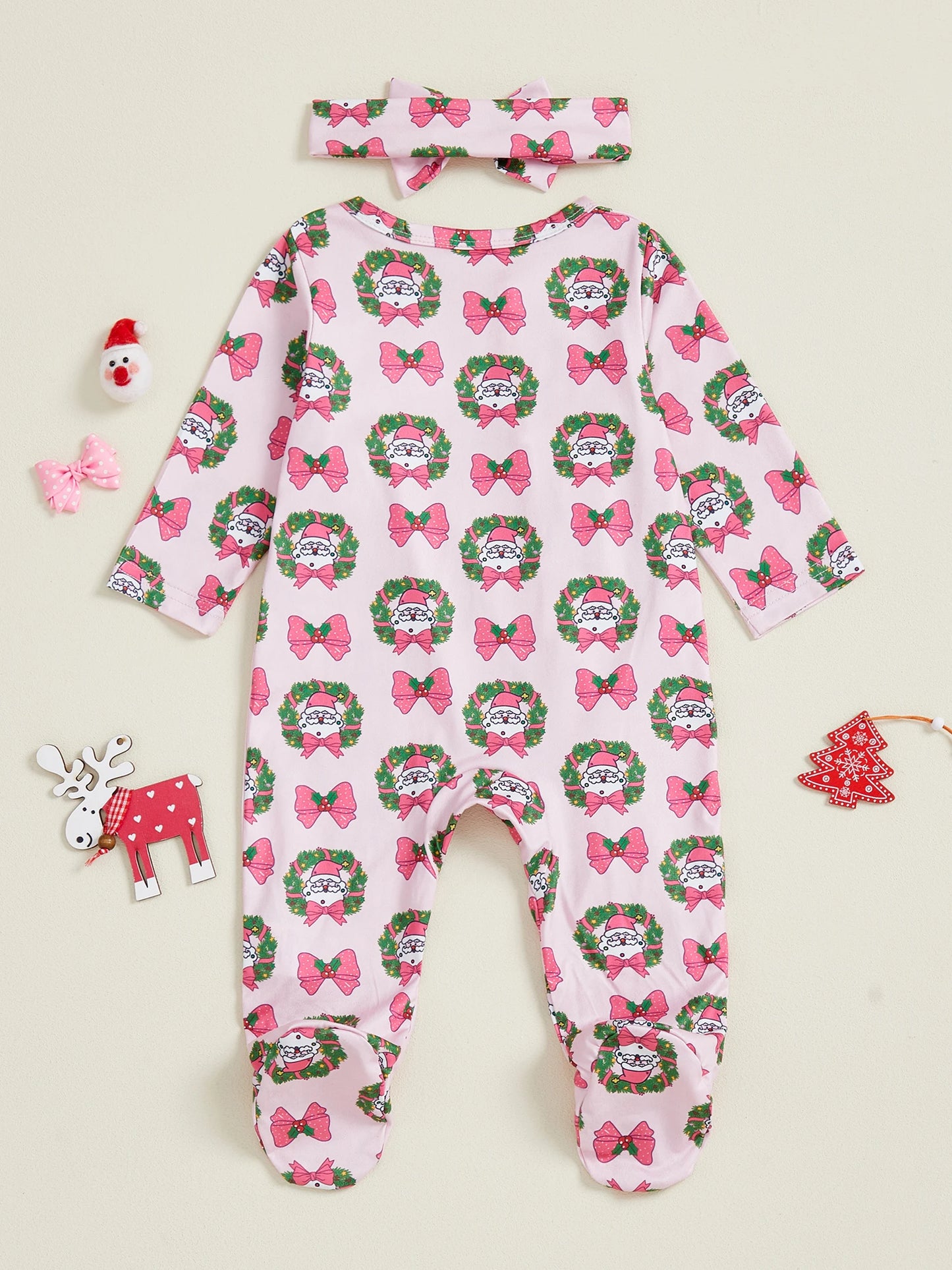 Christmas Outfit – Santa Claus Bow Print Long Sleeve Footed Romper with Matching Headband Set