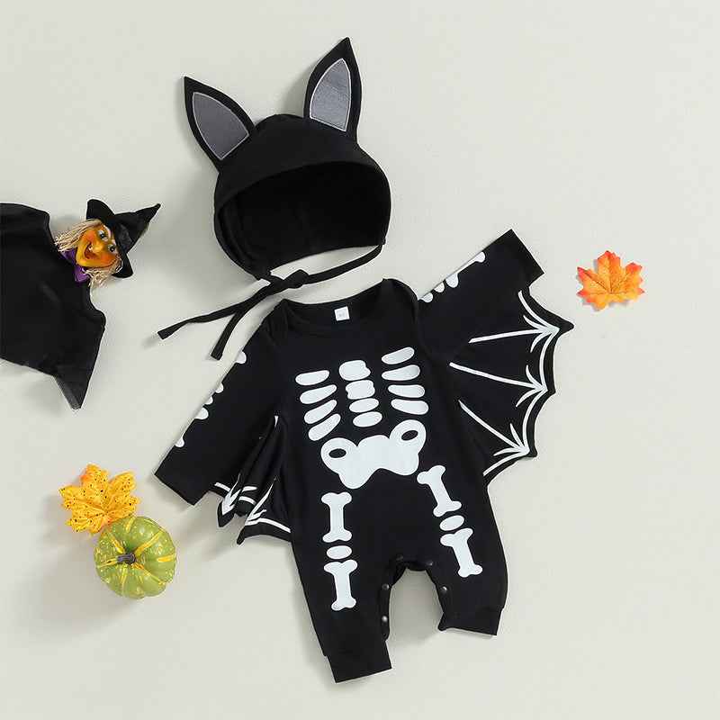 Baby Halloween Romper Outfit – Long Sleeve Pumpkin Print Jumpsuit with Hat