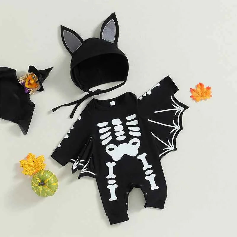Baby Halloween Romper Outfit – Long Sleeve Pumpkin Print Jumpsuit with Hat