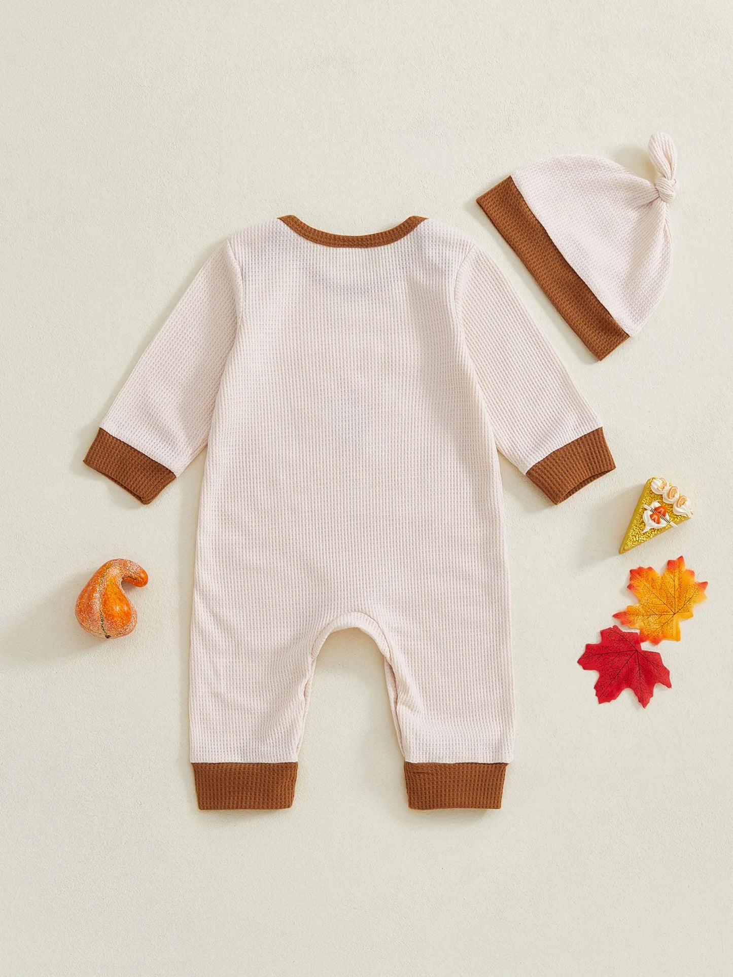 Thanksgiving Jumpsuit – Long Sleeve Round Neck Romper with Turkey Embroidery and Hat