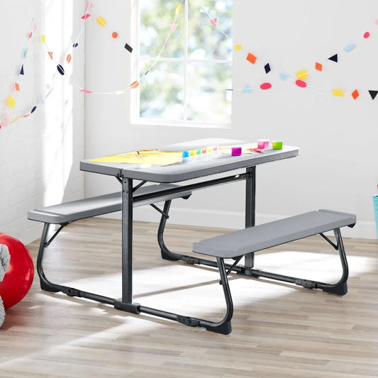 Folding Kids Activity Table with Benches – Your Zone Steel Frame Table for Crafts & Study