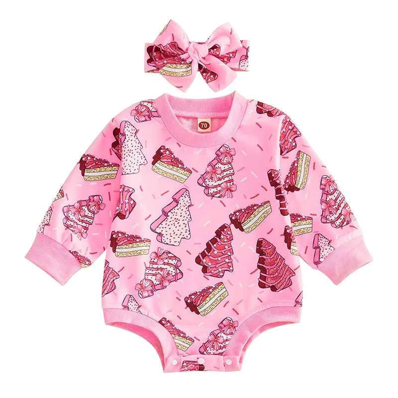 Baby Girl Christmas Romper Set – Long Sleeve Tree Print Jumpsuit with Cute Headband