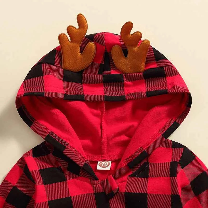 Christmas Infant Baby Romper – Plaid Hooded Loose Fit Jumpsuit for Boys & Girls