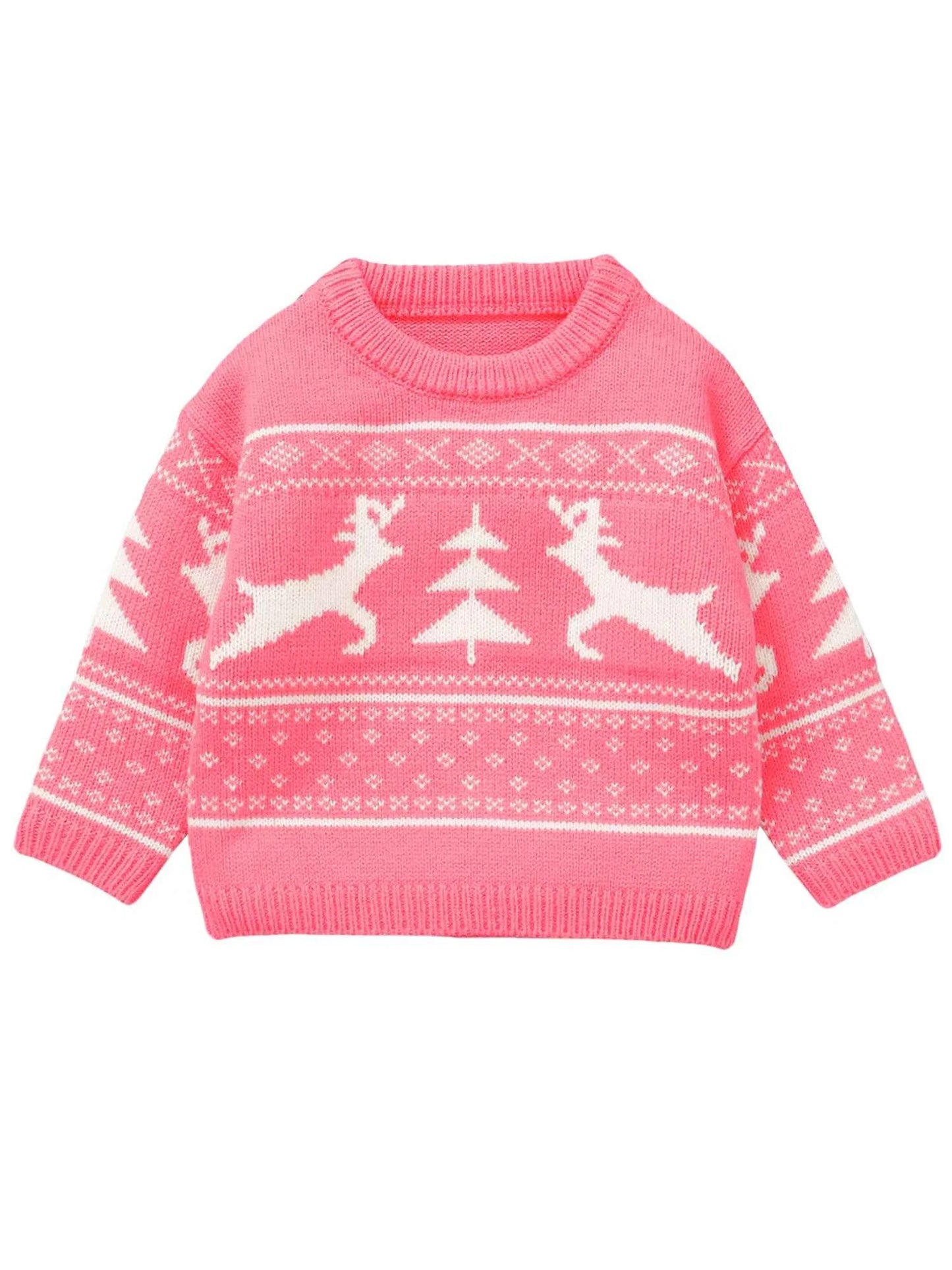 Kids Christmas Sweater – Long Sleeve Crew Neck Santa Claus & Elk Winter Sweater