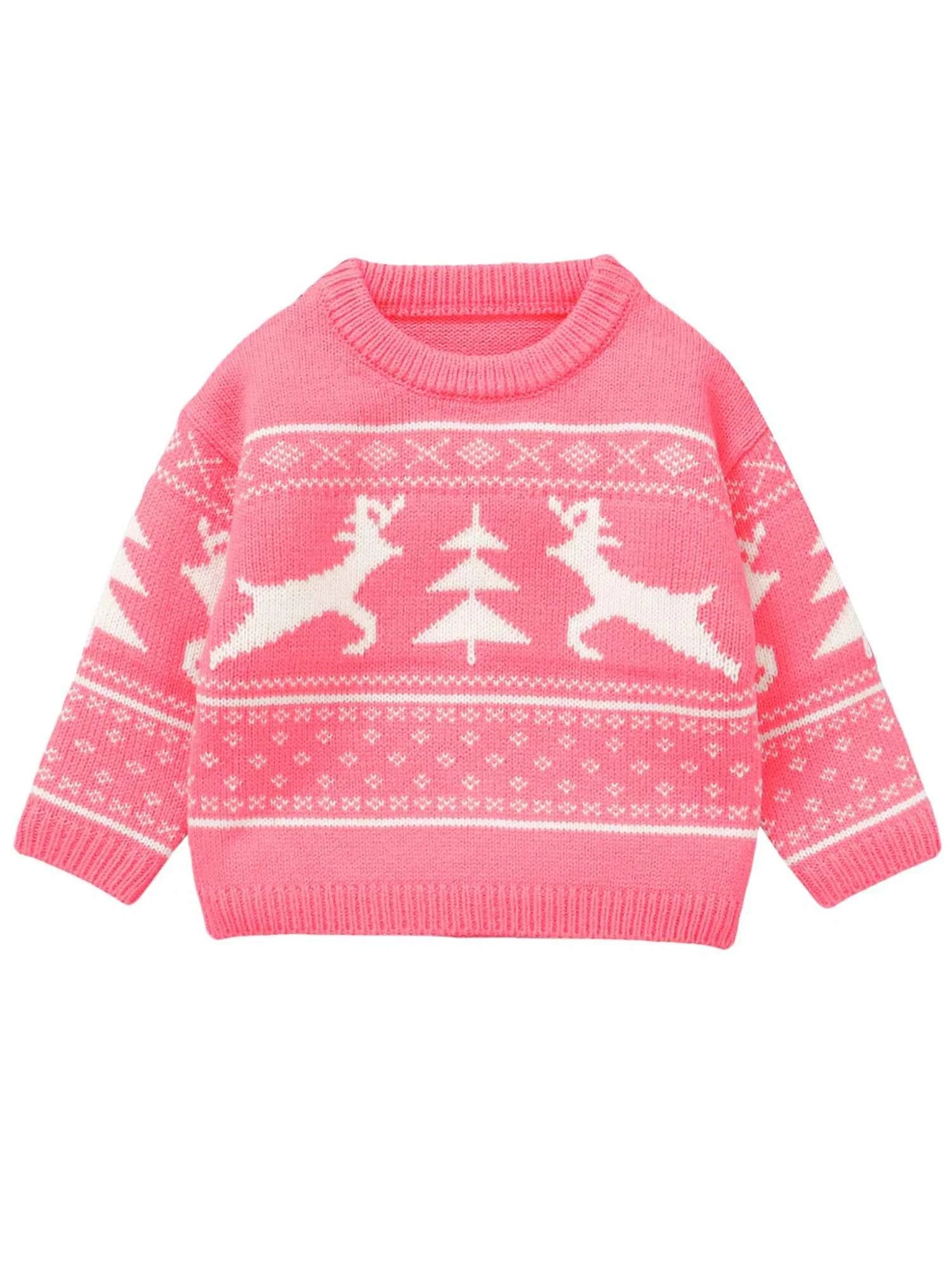 Kids Christmas Sweater – Long Sleeve Crew Neck Santa Claus & Elk Winter Sweater